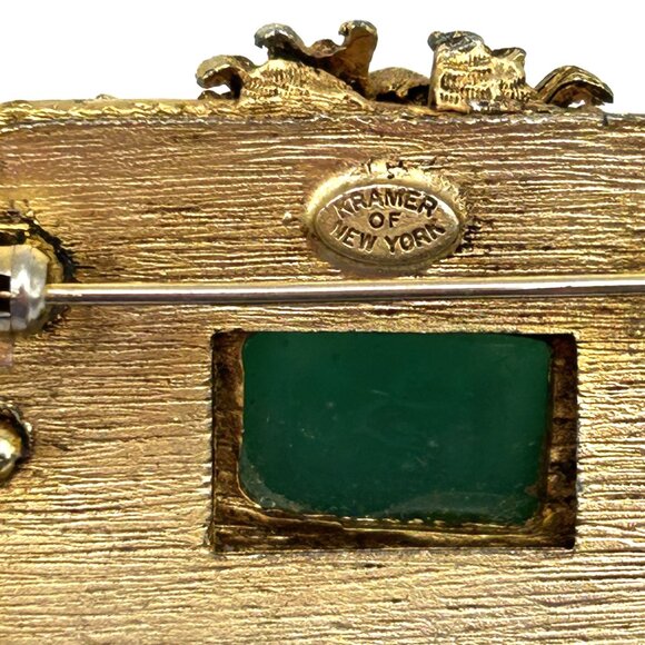 Vintage Kramer of New York Brooch Tassel Faux Jade Cabochon Gold Tone Rare - Picture 11 of 15